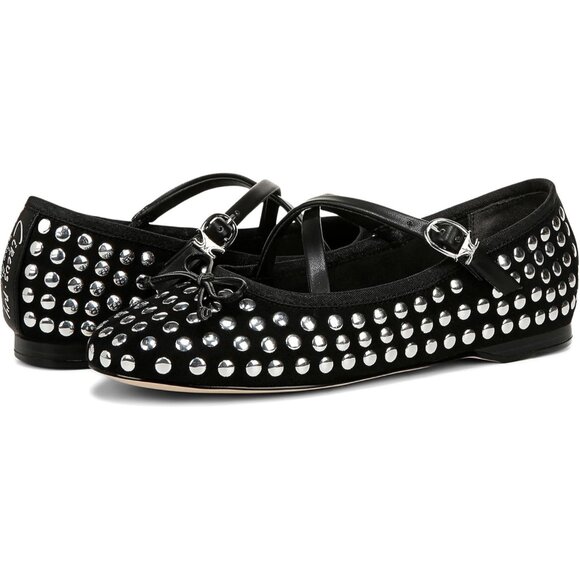 Circus NY by Sam Edelman Women's Black Metal Stud Fabric Cross Strap Ballet Flat - Picture 6 of 6